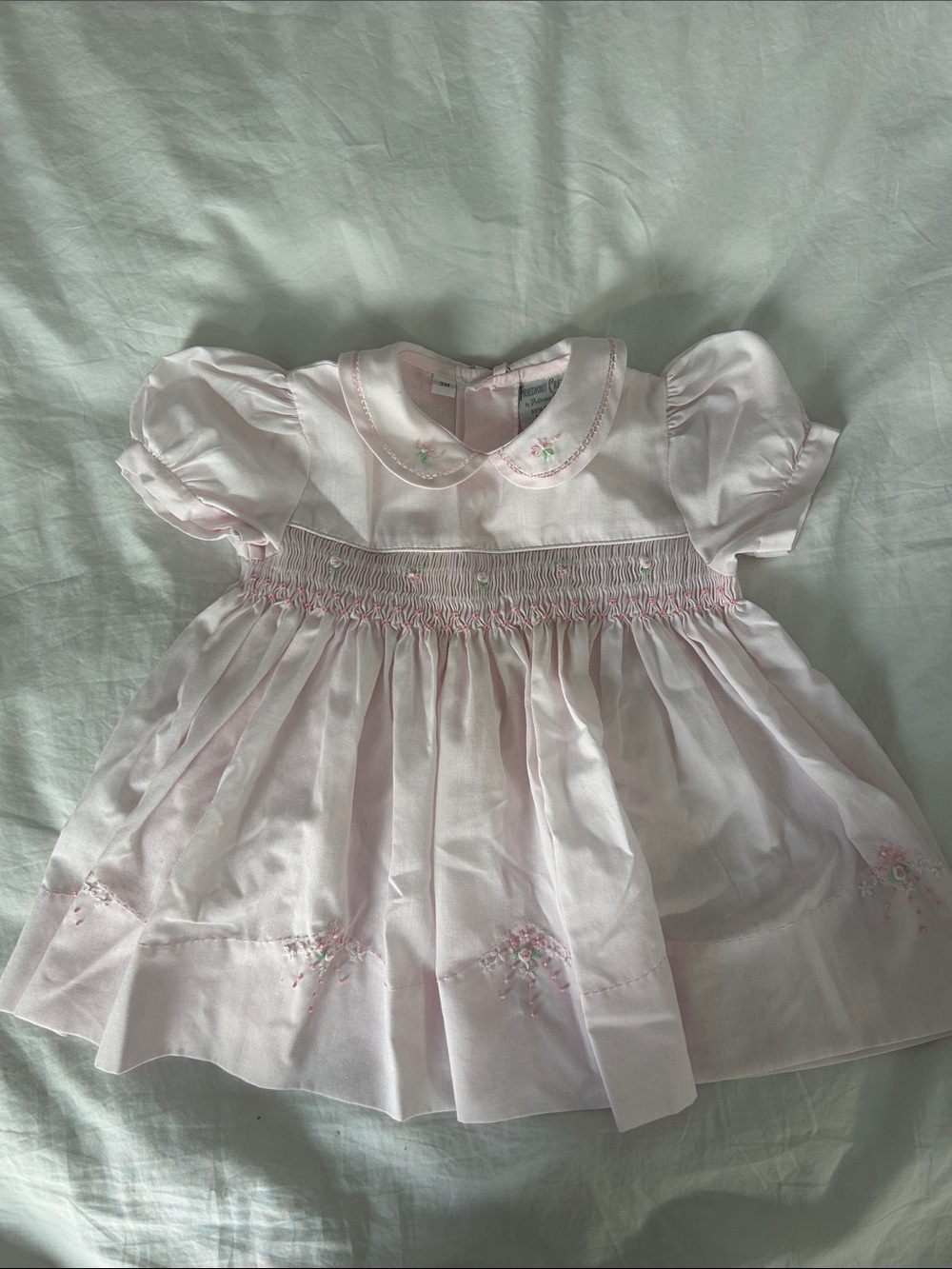Feltman Brothers Classic Pink Smocked Baby Dress with Floral Embroidery